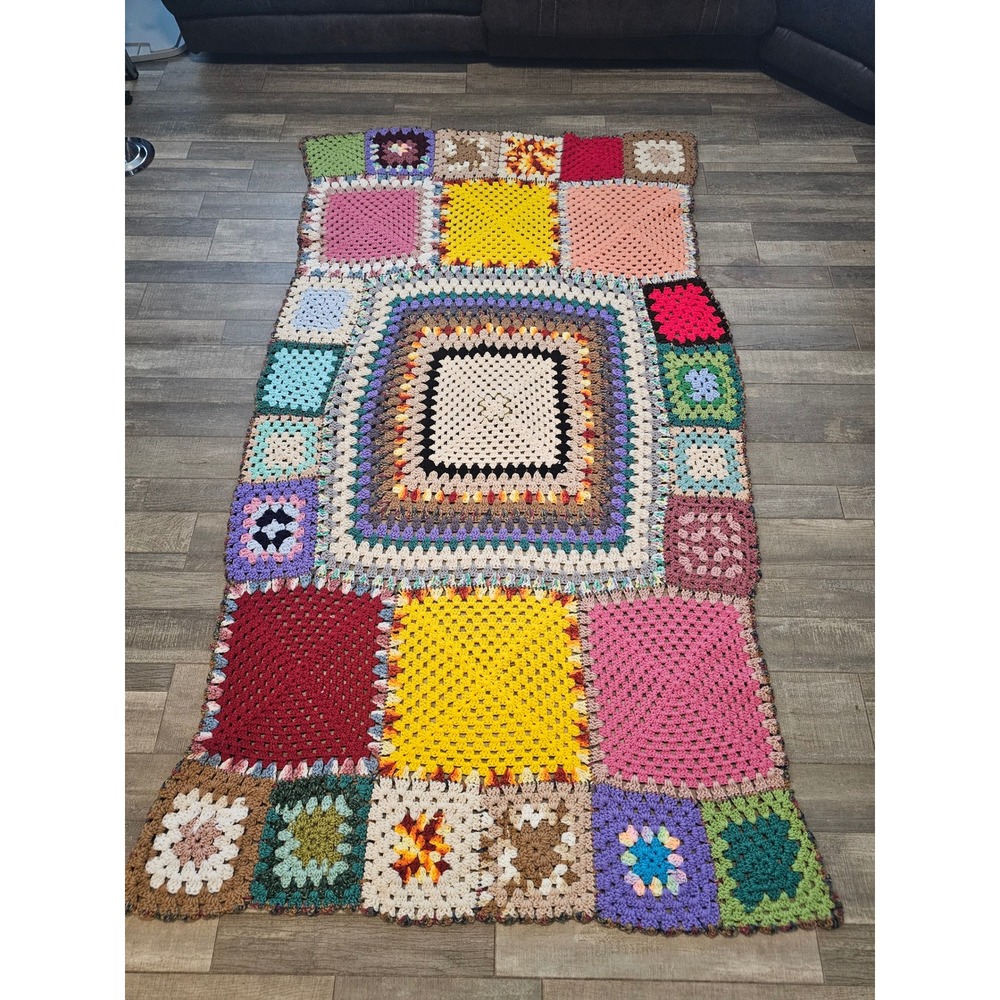 Handmade 72x43 Crochet Granny Square Blanket Multicolor Vintage Style Throw